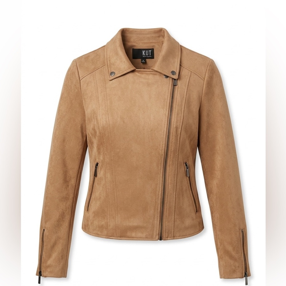 KUT From The Kloth Faux Suede Moto Jacket Tan Camel Zip   - Large